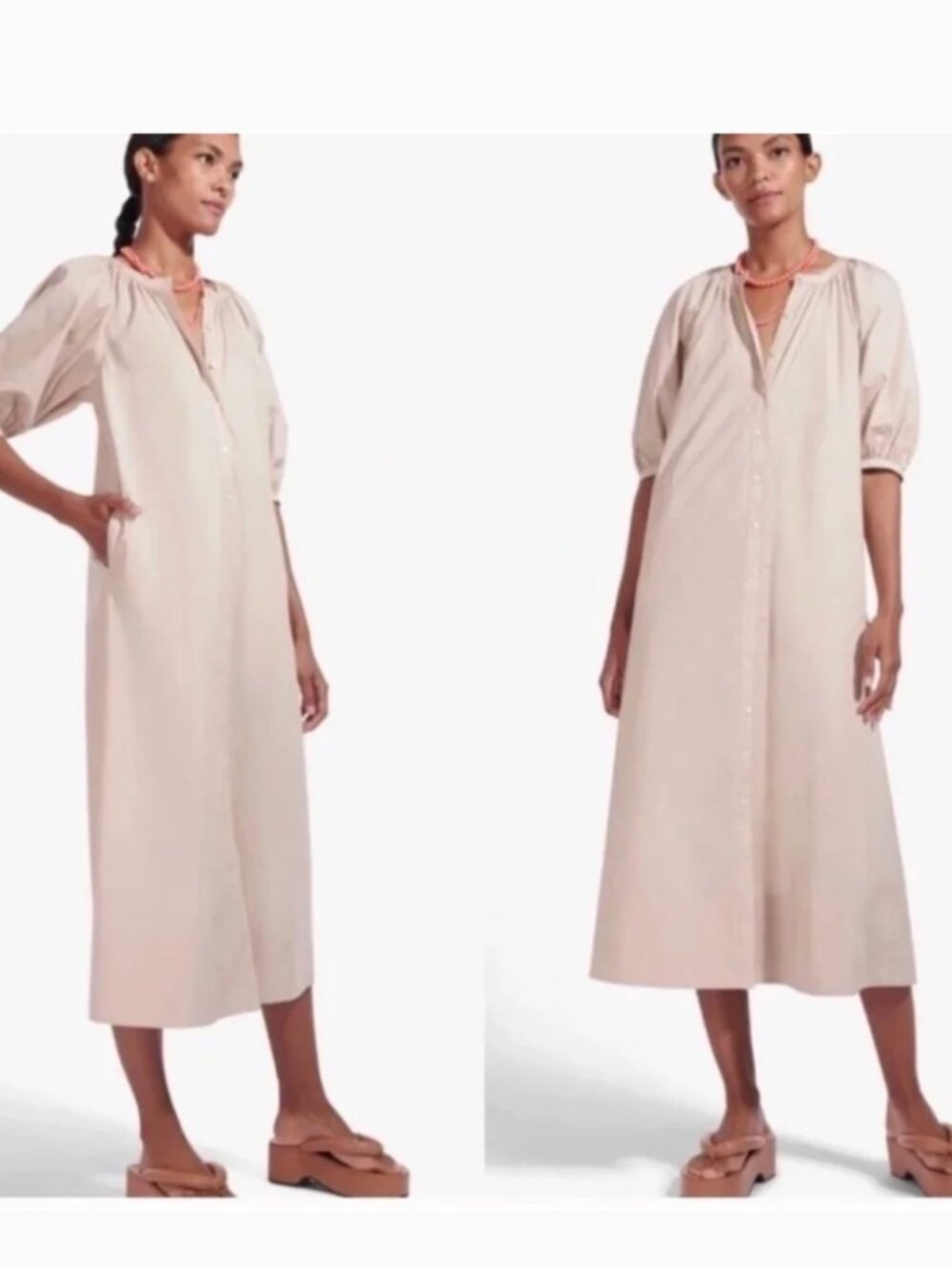 NWT Staud Beige Button-Front Puff Sleeve Maxi Dress